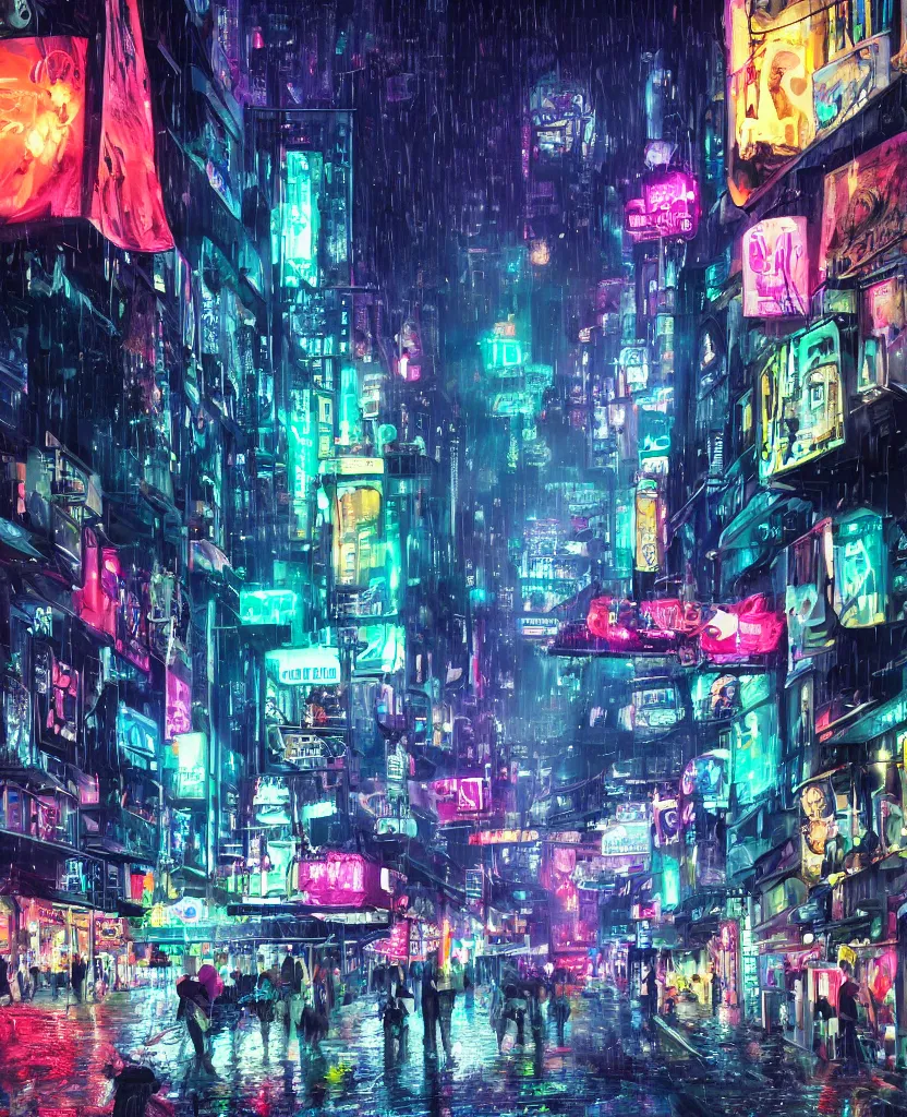 Prompt: cluttered futuristic city at night, night clubs and neons, rain, girl under lantern, by Sean Foley