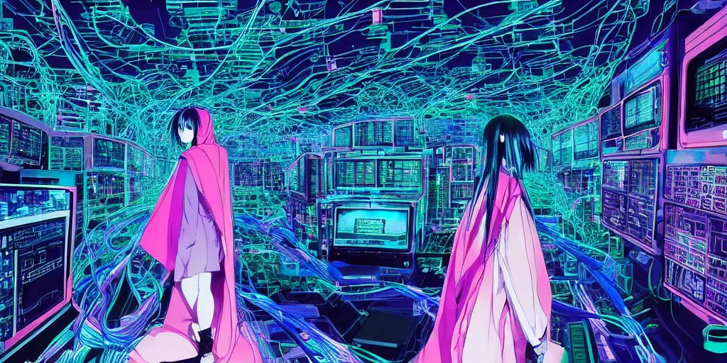 Image similar to “Wide low angle portrait of beautiful woman in silk poncho, backgrouns - big and structured control base with sci-fi futuristic monitor computers strong green glow. Blue and pink colors Mainframe full of cables on the background. Manga BLAME! by Tsutomu Nihei, 2002 year”