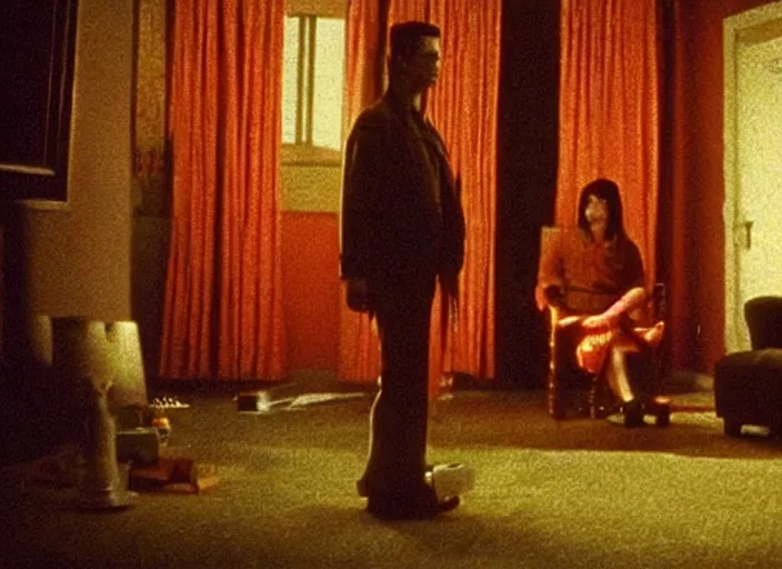 Image similar to Still frame the retro Twin Peaks, depicting the red room scene from Twin Peaks, a little man and a dead tree are in the room, directed by Nobuhiko Obayashi