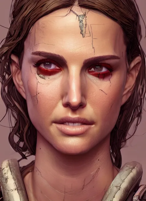 Image similar to borderlands portrait of natalie portman, au naturel, hyper detailed, digital art, trending in artstation, cinematic lighting, studio quality, smooth render, unreal engine 5 rendered, octane rendered, art style by klimt and nixeu and ian sprigger and wlop and krenz cushart.