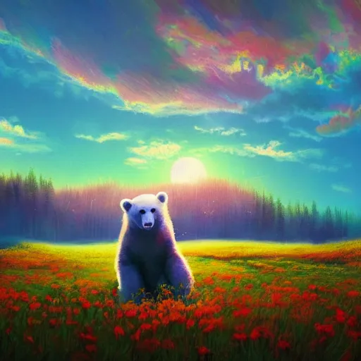 Image similar to a polar bear, surreal photography, flower field, sunset dramatic light, impressionist painting, colorful clouds, blue sky, digital painting, artstation, simon stalenhag