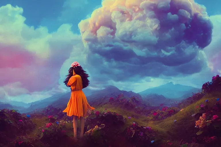 Prompt: giant dahlia flower crown under head, bust girl on mountain, surreal photography, blue storm clouds, dramatic light, impressionist painting, digital painting, artstation, simon stalenhag