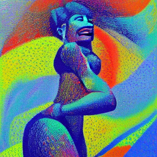 Image similar to oil on canvas, vivid colours, portrait of a beautiful woman, very impressionistic, abstract, pointillism, it is painted really roughly