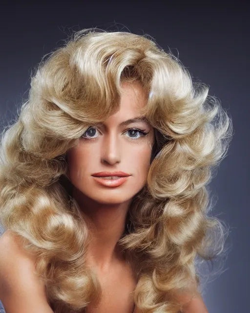 Prompt: 2 8 mm closeup portrait of a beautiful young farrah fawcett with long blonde wind blown hair in a photo studio, rim lighting, glamour pose!!!, hyper realistic, soft lighting, art frahm, pinup, hd, octane, arney freytag!!!, 1 9 4 5