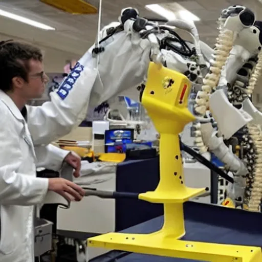 Image similar to robot giraffe being worked on by scientists joe biden