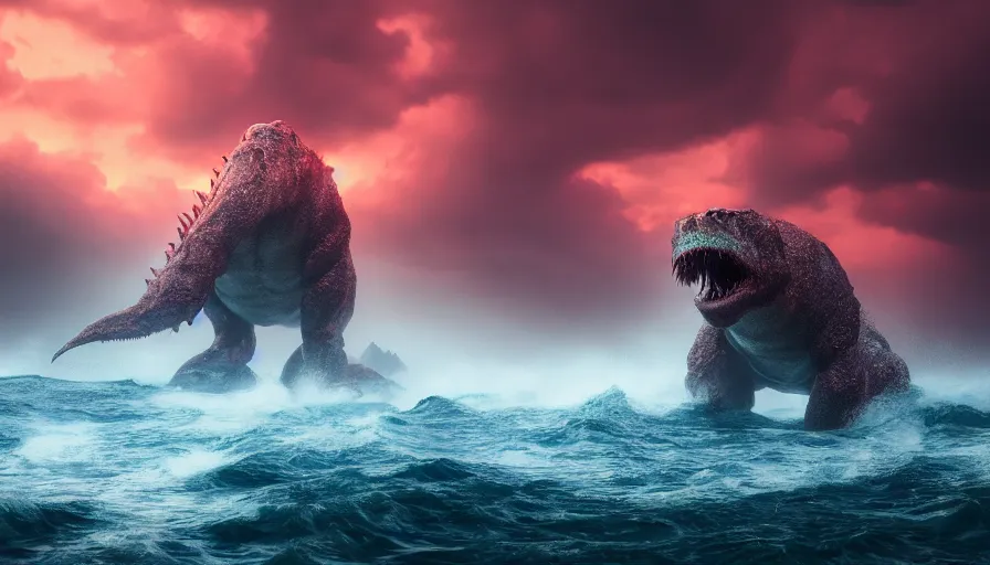 Prompt: a prehistoric monster emerges out of the ocean, waves and volumetric lighting, heavy rain, atmospheric, high resolution, rendering, octane, redshift