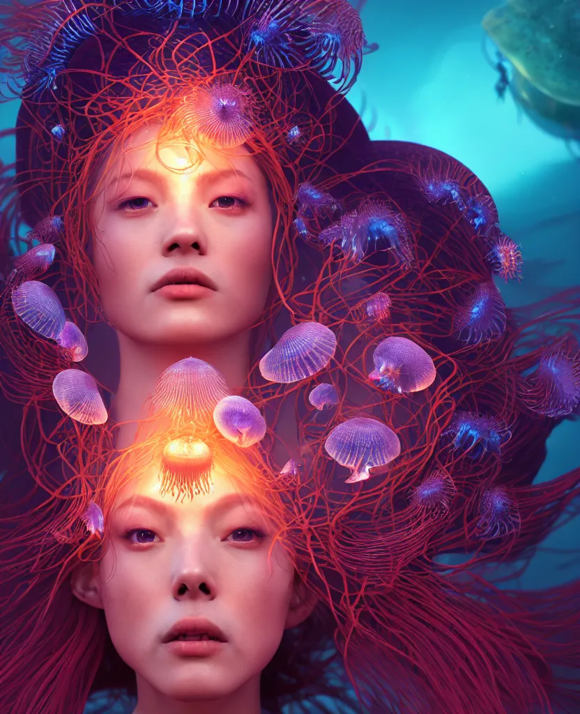 Image similar to goddess close-up portrait. orchid jellyfish phoenix head, nautilus, skull, betta fish, bioluminiscent creatures, intricate artwork by Tooth Wu and wlop and beeple. octane render, trending on artstation, greg rutkowski very coherent symmetrical artwork. cinematic, hyper realism, high detail, octane render, 8k