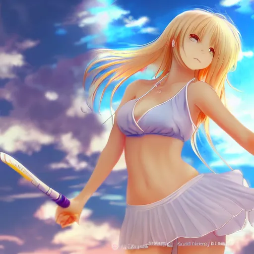 Image similar to a very beautiful young anime tennis girl, full body, long wavy blond hair, sky blue eyes, full round face,, bikini, miniskirt, front view, mid - shot, highly detailed, cinematic wallpaper by stanley artgerm lau