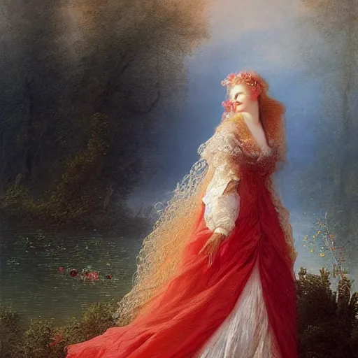 Image similar to a stunning painting of a beautiful lady with white long hair and dressed with a red victorian cloak, standing in a lake, mist, morning light, dreamy atmosphere, cinematic, style of Jean-Honoré Fragonard