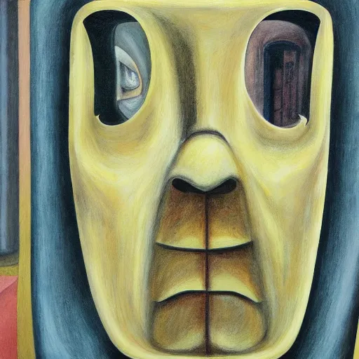 Prompt: brutalist giant unfeeling robot visage, portrait, atrium, rotunda, dystopian, pj crook, edward hopper, oil on canvas