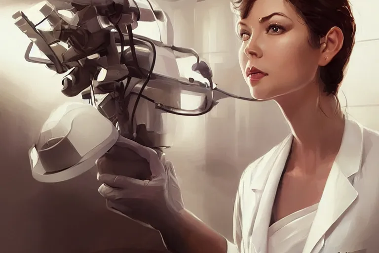 Image similar to a poster of emergency room, an elegant and beautiful female doctor in a white coat in a hospital ward, cinematic, highly detailed, digital painting, artstation, concept art, matte, sharp focus, illustration, art by artgerm and greg rutkowski