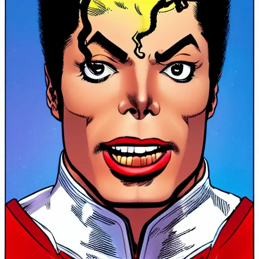 Image similar to dynamic macro head portrait of beautifu michael jackson super hero in white sequined jacket by john romita sr and cory walker and ryan ottley and jack kirby and barry windsor - smith, comic, illustration, photo real