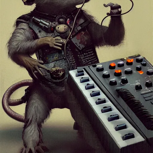 Image similar to a rat cyborg playing with a tb-303 synthesizer, by ruan jia