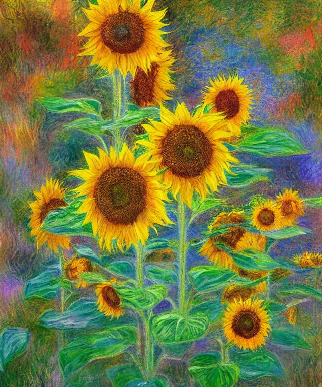 Image similar to sunflower garden, water painting, monet, heavenly, sun rays, intricate, colorful, highly detailed, digital painting, soft tones