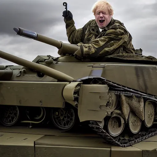 Prompt: Medium shot photograph of Boris Johnson inside a tiger tank, 4k, ultra HD