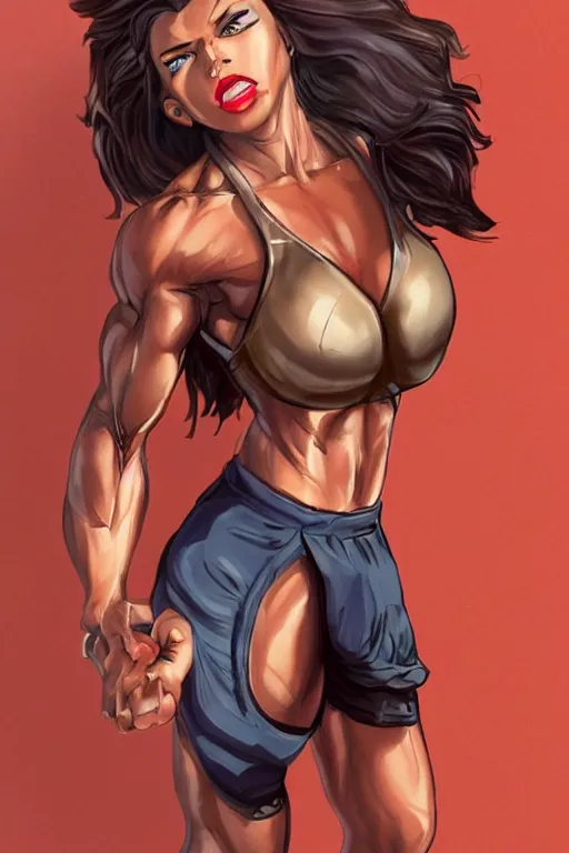Prompt: a hyper muscular woman, fit woman, bronze skinned, blue eyes, wearing a black cropped tank top, military pants, brown boots, wavy big red hair, sweaty, 8 0's hairstyle, red lips, action pose, art by cessa, cutesexyrobutts, trending on artstation, illustration, action scene, full body
