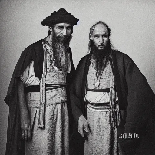 Image similar to two men stand beside one another, an alchemist and a shaman, ancient esoteric era, studio photography