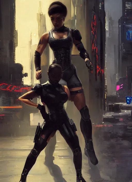 Image similar to black chun li teaching self defense. cyberpunk police trooper in a military vest ( blade runner 2 0 4 9, cyberpunk 2 0 7 7 ). orientalist portrait by john william waterhouse and james gurney and theodore ralli and nasreddine dinet, oil on canvas. cinematic, hyper realism, realistic proportions, dramatic lighting, high detail 4 k