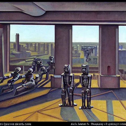 Prompt: drab slave human workers building robots, watched by fascist robots, brutalist factory, dystopian, pj crook, edward hopper, oil on canvas