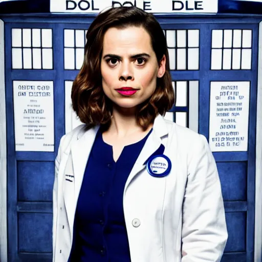 Image similar to a beautiful full body photograph of hayley atwell dressed as the doctor from doctor who standing in front of the tardis, symmetrical face, extreme realism and detail, 8 k, completely framed, direct lighting, 3 5 mm photo, photorealistic, sharp focus