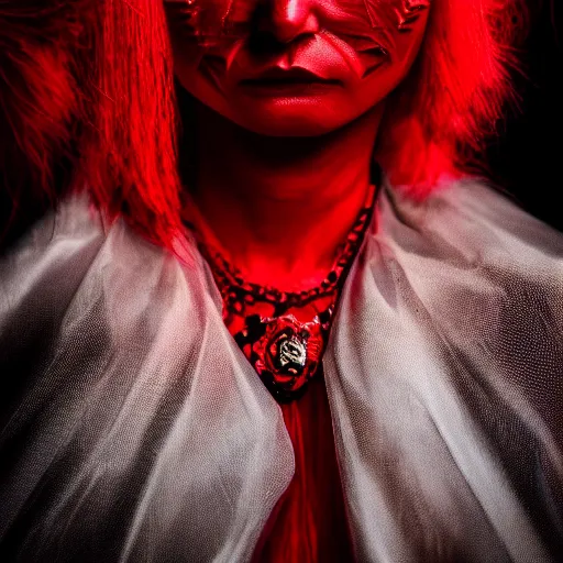 Image similar to stunning beautiful portrait photography of a face detailing demonic Countess wearing red and black dress from national geographic magazine award winning, dramatic lighting, taken with Sony alpha 9, sigma art lens, medium-shot