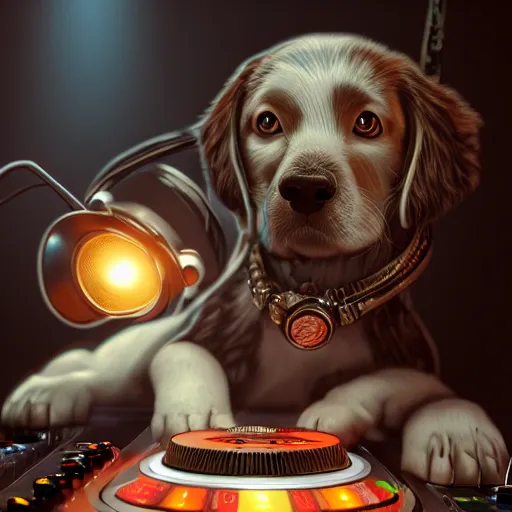 Image similar to puppy as a DJ, 8k, fantasy, intricate, cinematic lighting, highly detailed, digital painting, artstation, concept art, smooth, sharp focus, illustration, by Pixar