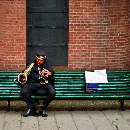 Image similar to A saxophonist played all night over the bag in the black arch. The drunkard was sleeping on a park bench, laying a newspaper sheet. Photo. Good quality.