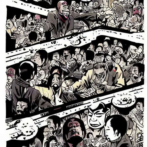 Image similar to yakuzas vs yokais in post-apocalyptic tokyo, illustration by Tyler Stout