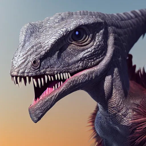 Image similar to cute velociraptor with feather, pet, realistic, digital art, ray traced, octane render