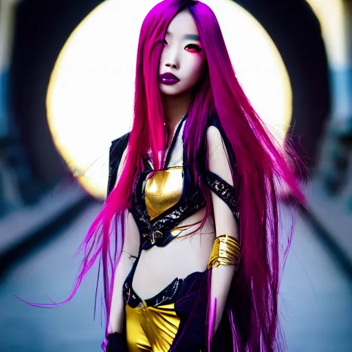 Prompt: a beautiful portrait photo of a very beautiful young Chinese female model wearing cybergothic clothing, bright coloured streaks of hair, cute smile, beautiful detailed eyes, golden hour in Manhattan, outdoors, professional award winning portrait photography, Zeiss 150mm f/2.8 Hasselblad