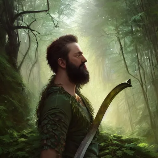 Image similar to beautiful portrait of a earth and nature god with brown hair and a husky beard holding a dark metal sword in the deep forest, oil painting by Greg Rutkowski and Charlie Bowater and Artgerm, unreal 5, DAZ, RPG Portrait, trending on artstation, dynamic lighting, late afternoon lighting, forest, green theme, afternoon light