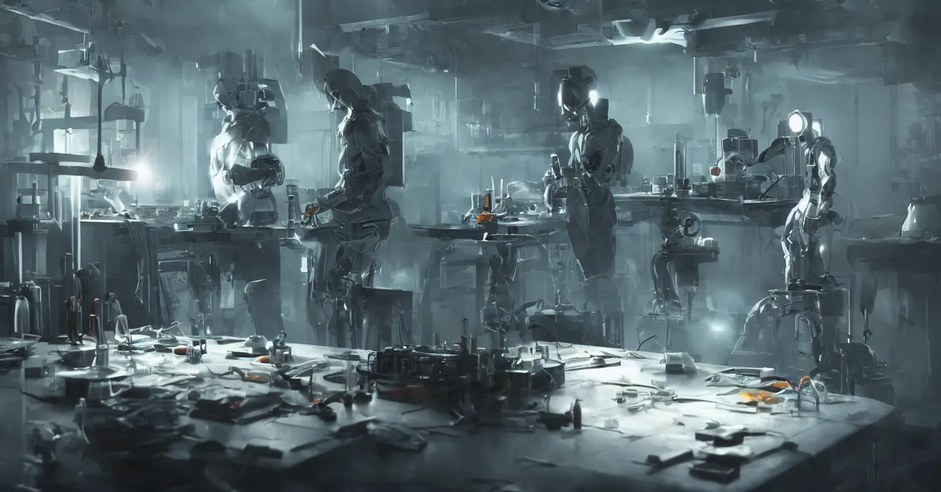 Prompt: realistic image from scifi movie with old doctor creating new humanoid robots in his laboratory, table with scifi tools, reflections, volumetric fog light, dark atmosphere, dramatic cinematic composition, depth, defocus, rendered in vray, raytracing, raymarching, by ilm, digital domain, weta digital