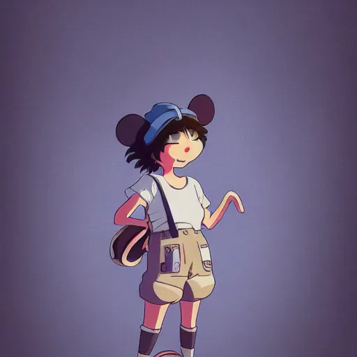 Image similar to in the style of studio ghibli, anthropomorphic mouse, female, wearing denim shorts and tank top, detailed, intricate, aesthetic, artistic, ambient occlusion, volumetric light effect