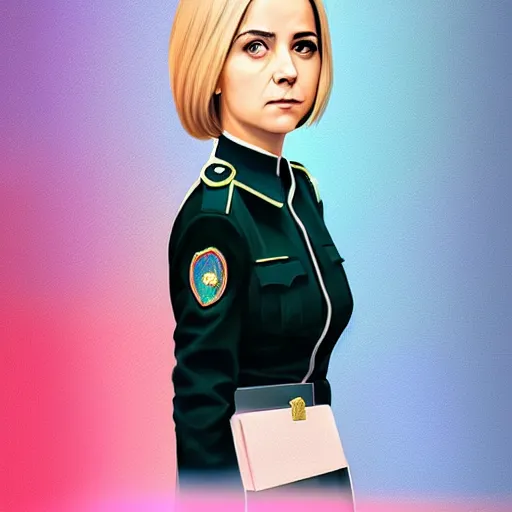 Image similar to natalya poklonskaya as young female, young female prosecutor at her job, muted colors, matte print, pastel colors, 2d, ultra highly detailed, smooth, sharp focus, digital art, digital painting, fan art, elegant, artstation, head is centered, by Ilya Kuvshinov