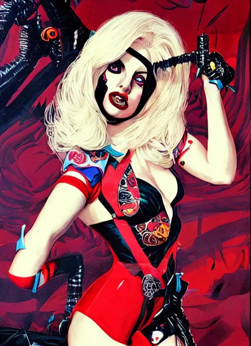 Image similar to beautiful lady gaga as harley quinn, horror, high details, intricate details, by vincent di fate, artgerm julie bell beeple, 1 9 8 0 s, inking, vintage 8 0 s print, screen print