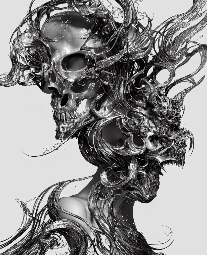 Image similar to close-up macro portrait of the face of a beautiful princess with animal skull mask, epic angle and pose, symmetrical artwork, 3d with depth of field, blurred background, cybernetic jellyfish female face skull phoenix bird, translucent, nautilus, energy flows of water and fire. a highly detailed epic cinematic concept art CG render. made in Maya, Blender and Photoshop, octane render, excellent composition, cinematic dystopian brutalist atmosphere, dynamic dramatic cinematic lighting, aesthetic, very inspirational, arthouse. y Greg Rutkowski, Ilya Kuvshinov, WLOP, Stanley Artgerm Lau, Ruan Jia and Fenghua Zhong