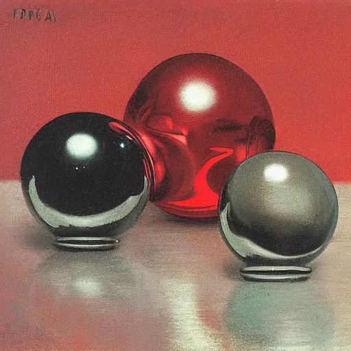 Prompt: chrome spheres on a red cube by francisco goya