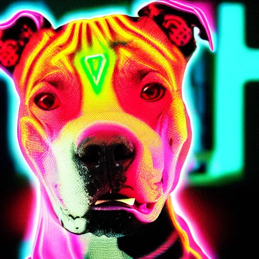 Image similar to an amazing glitch art photo of a cute mad pitbull. glowing neon lights, glitchery, intricate, epic lighting, cinematic composition, hyper realistic, 8 k resolution, unreal engine 5