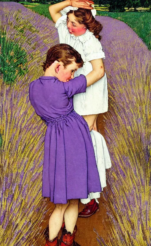 Image similar to norman rockwell style, woman!!! brown hair!! lavender field! crescent moon