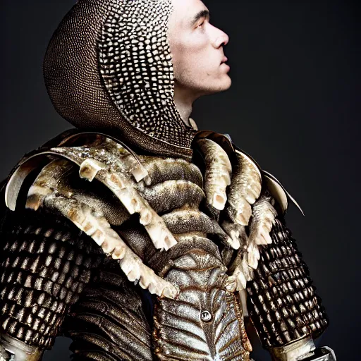 Image similar to a portrait of a beautiful young male wearing an alexander mcqueen armor made of armadillo , photographed by andrew thomas huang, artistic