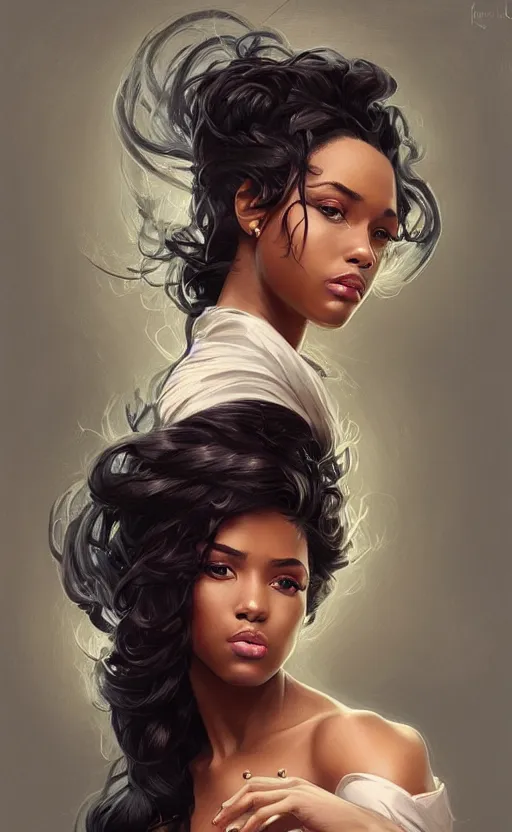 Image similar to a portrait of an attractive young Black female, beautiful long hair, clothed like a femme fatale, intricate, elegant, highly detailed, digital painting, trending on artstation, concept art, smooth, sharp focus, illustration, art by artgerm and greg rutkowski and alphonse mucha