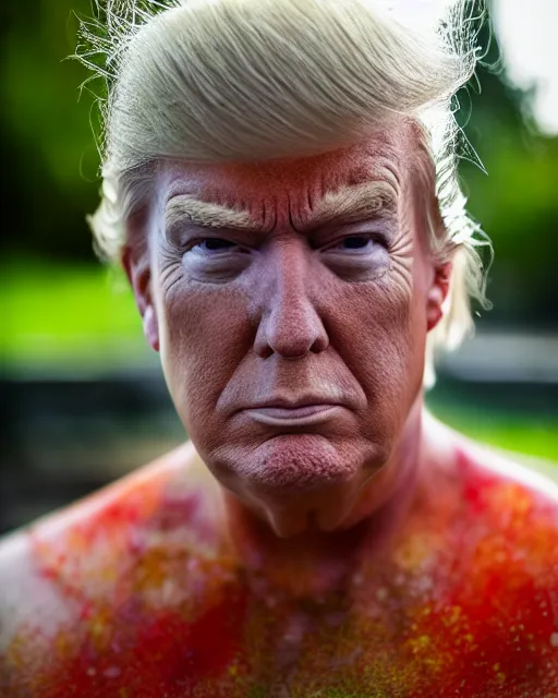 Image similar to award winning 5 5 mm close up portrait color photo of trump as songoku, in a park by luis royo. soft light. nikon d 7 5 0