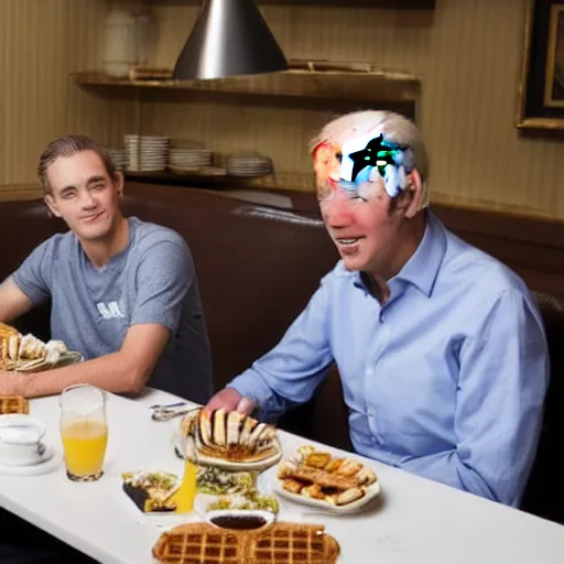 Image similar to photograph of trump and Biden sitting and eating breakfast at a Wafflehouse