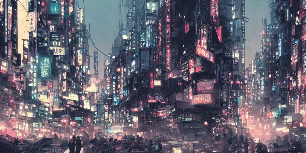 Image similar to cinematic high contrast graphic illustration of a hyper detailed street in neo tokyo by greg rutkowski