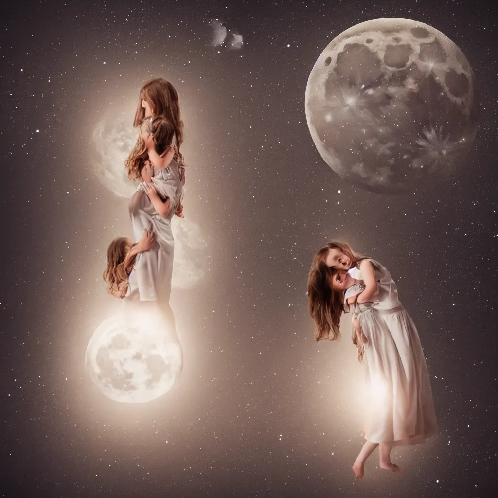 Image similar to girl hugs the moon, dress, realistic, night, light