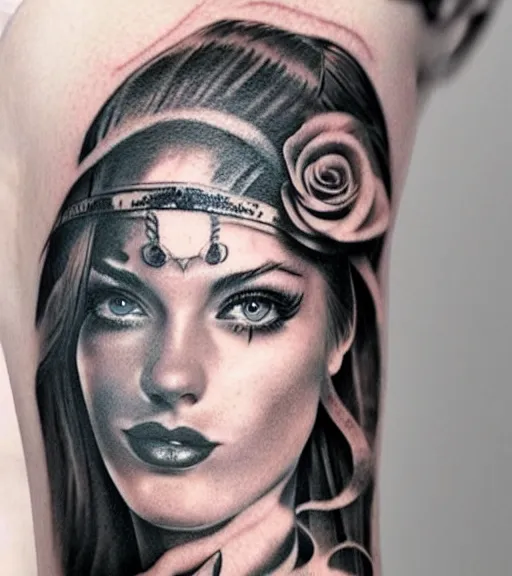 Image similar to tattoo design on white background of a beautiful girl warrior, roses, hyper realistic, realism tattoo, by eliot kohek, beautiful eyes, realistic face, black and white