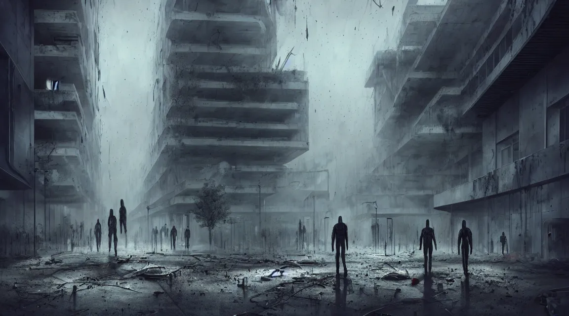 Prompt: big grey aliens walking outsife a post apocalyptic hospital building, morning, building, avenue, modern contemporary urban americana concrete architecture, by pascal blanche, neil blevins, apocalyptic color palette, trending on artstation, photorealistic, vivid wilderness ambiance, ultra detailed, high definition, depth of field, bokeh, rubble, wild vegetation, blood stains, building crumbling