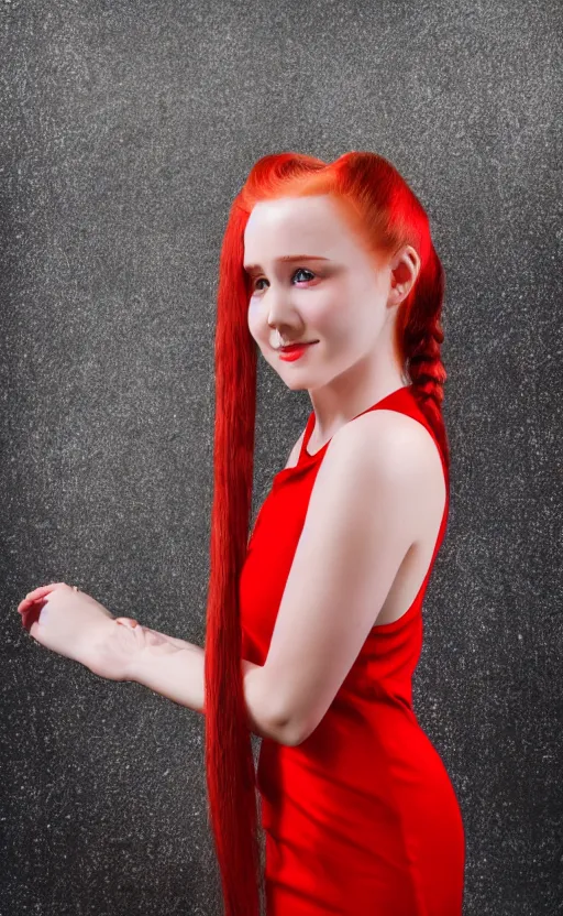 Prompt: photo portrait Red-haired 20-years old girl in a red dress, With two pigtails, green eyes and sliding face plates, standing on the dimly lit stage, realistic, photo, photorealistic, detailed, high quality, 8k, realism