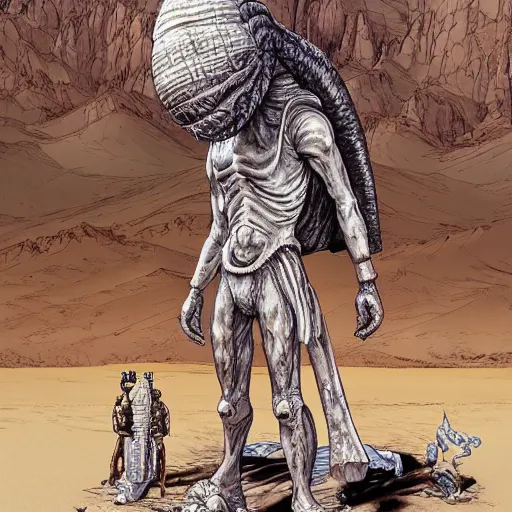 Prompt: 🐋 👽 🤖 🐳 in desert, photography by bussiere rutkowski andreas roch ( by kim jung gi ) ( by george morikawa ) ( by kentaro miura )