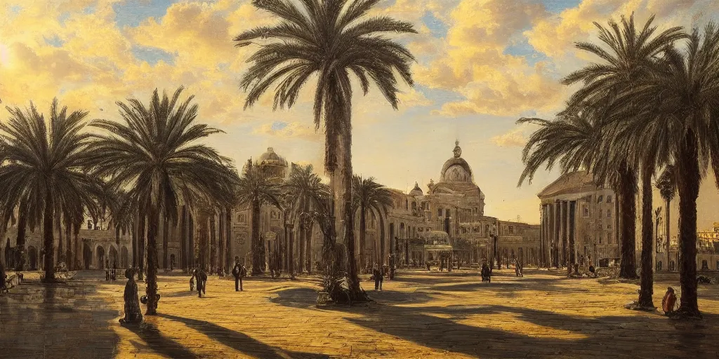Image similar to khedival opera house, talaat Harb Square cairo, epic wide shot, beautiful clouds, veduta painting by ivan shishkin, dappled afternoon sunlight, acacia trees, date palm trees, shrubs, flowers, artstation